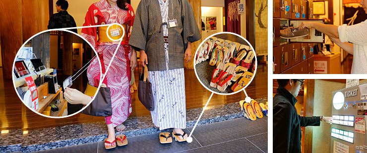 โรงแรมจะเตรียมไว้ให้ก่อนเราไปแช่ออนเซ็นคือบัตร QR code สำหรับผ่านประตู ชุดยูกาตะ และรองเท้าไม้เกตะ ส่วนคนทั่วไปที่ไม่ได้พักในโรงแรมสามารถซื้อตั๋วได้ที่เครื่องขายตั๋วหน้าออนเซ็นทุกแห่ง