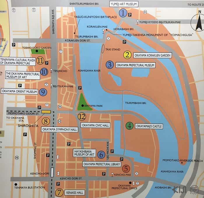 โอคายาม่า คัลเจอรัล โซน (Okayama Cultural Zone) คือส่วนสีส้มในแผนที่