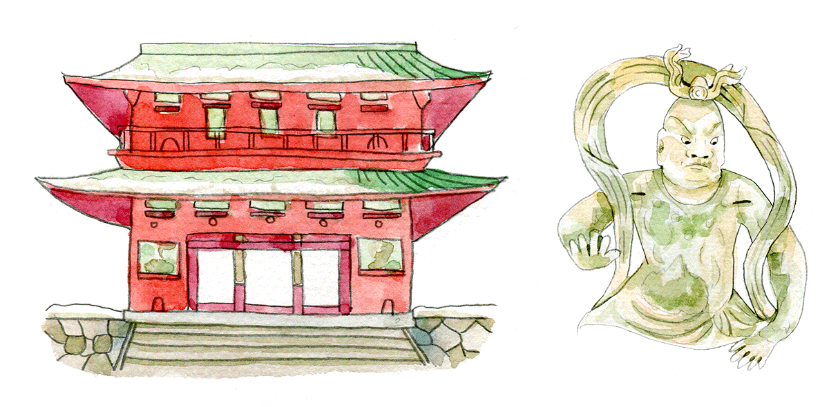 ประตูเมืองขนาดใหญ่ 2 ชั้น มีรูปปั้นเทพผู้พิทักษ์ขนาดใหญ่ 2 องค์ที่เรียกว่า “นิโอโสะ (Niozo)” ยืนอยู่ทั้งสองฝั่งของประตู