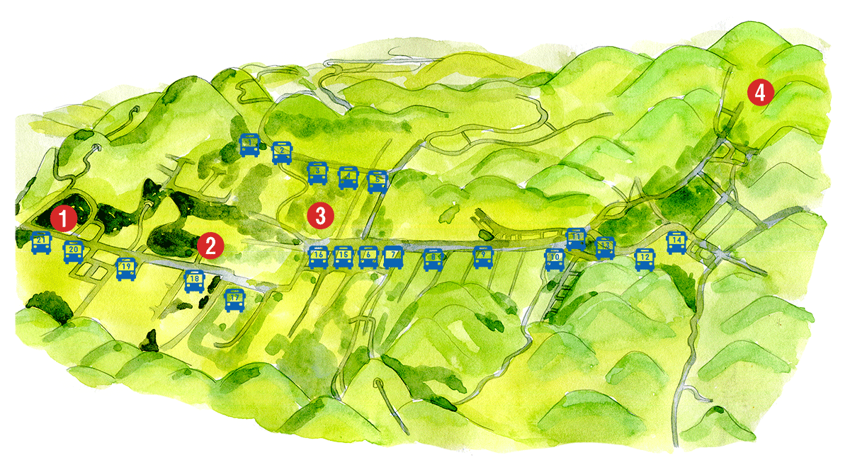  รถบัสประจำทางในตัวเมืองโคยะซังมีให้บริการทั้งหมด 3 สาย คือ Daimon Line, Okunoin-mae Line และ Daimon Okunoin-mae Line ค่าบริการตั้งแต่ 220-410 เยน
