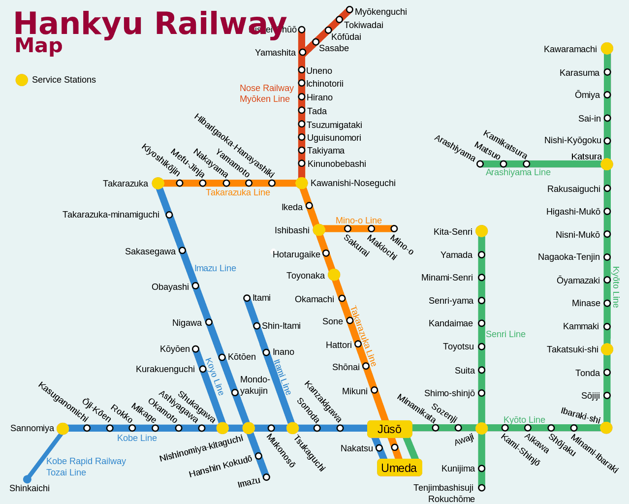 แผนที่เส้นทางทั้งหมดของรถไฟฮันคิว (Hankyu Railway)