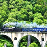 ด้านนอกรถไฟ SL Ginga ที่ปล่อยควันแบบรถจักรไอน้ำ คล้ายรถไฟในนวนิยายของมิยาซาวะ เคนจิ