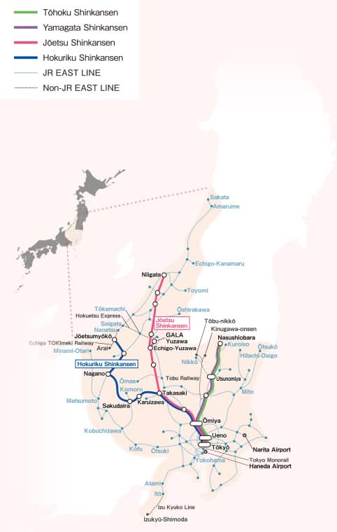แผนที่แสดงเส้นทางที่สามารถใช้ JR East Pass Nagano Niigata Area