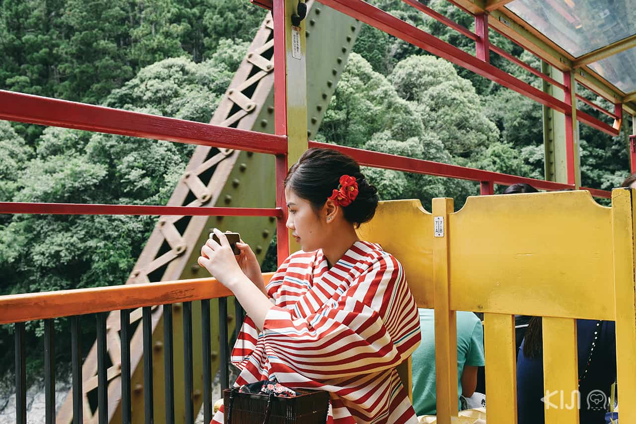 ระหว่างทางบนรถไฟ Sagano Romantic Train ในย่านอาราชิยาม่า (Arashiyama) 