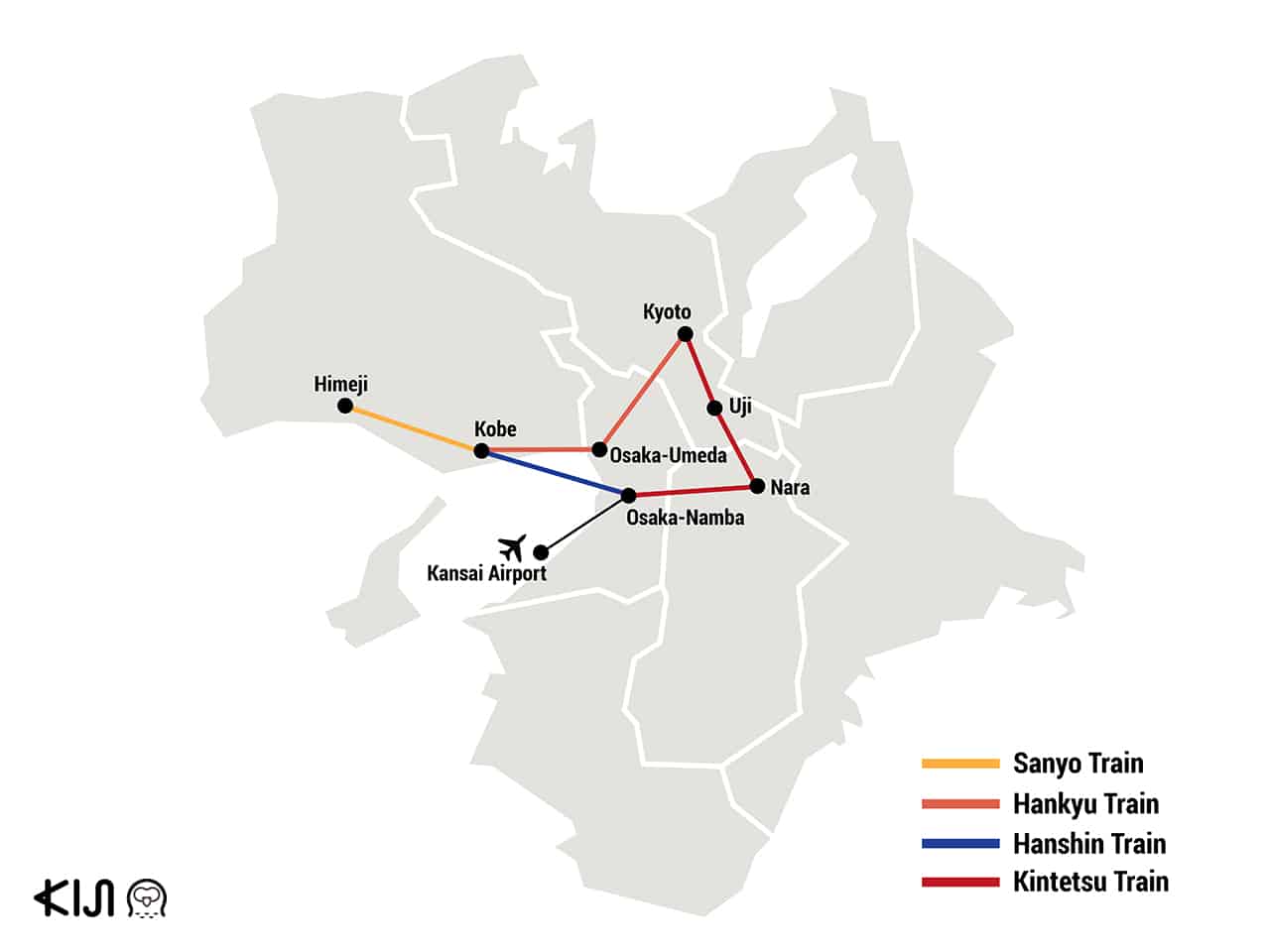 แผนที่การเดินทางไปนารา (Nara) และอุจิ (Uji) ด้วยรถไฟ Kintetsu, Hankyu Hanshin, และ Sanyo