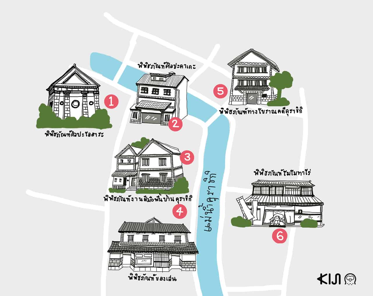 แผนที่พิพิธภัณฑ์ในเขตเมืองเก่าคุราชิกิ (Museums in Kurashiki)