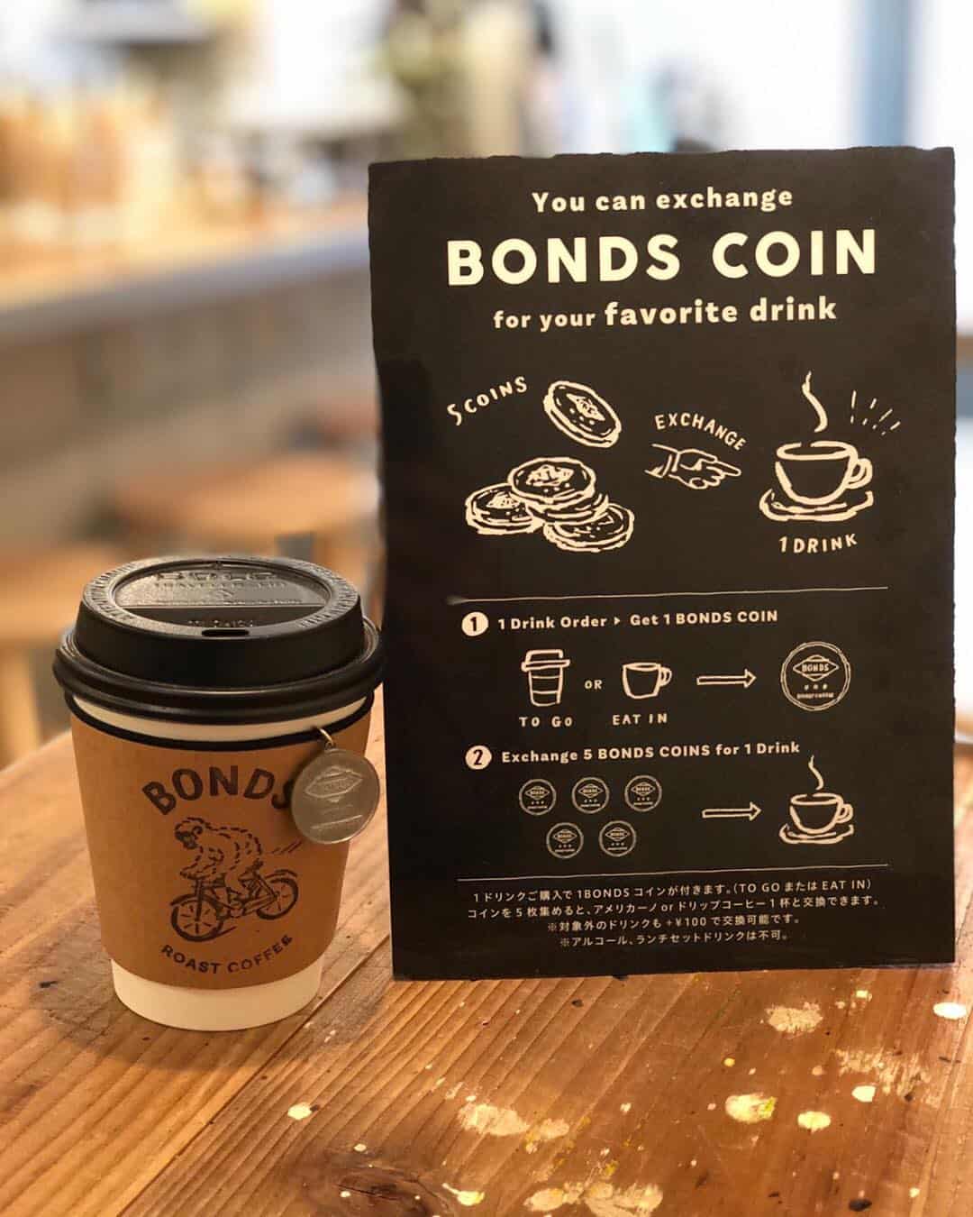 คาเฟ่ BONDS Meguro โตเกียว มีให้สะสมเหรียญเพื่อนำมาแลกกาแฟฟรี