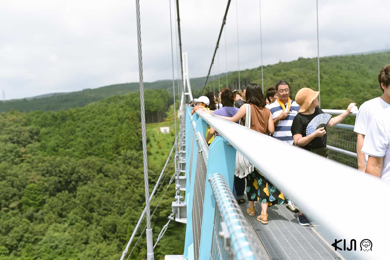 คนทุกเพศทุกวัยเดินเล่นบนสะพานแขวนที่มิชิมะสกายวอล์ค (Mishima Skywalk)
