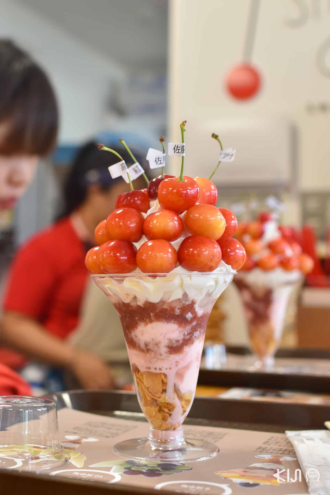 ไอศกรีมรสเชอร์รี่มิกซ์กับวานิลลาแต่งหน้าด้วยเชอร์รี่สดจาก Ohsyo Fruits Farm