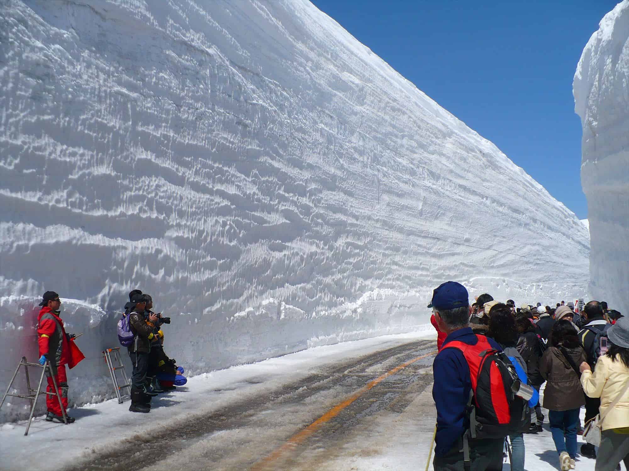 กำแพงหิมะสีขาวสูงที่ Tateyama Kurobe Alpine Route