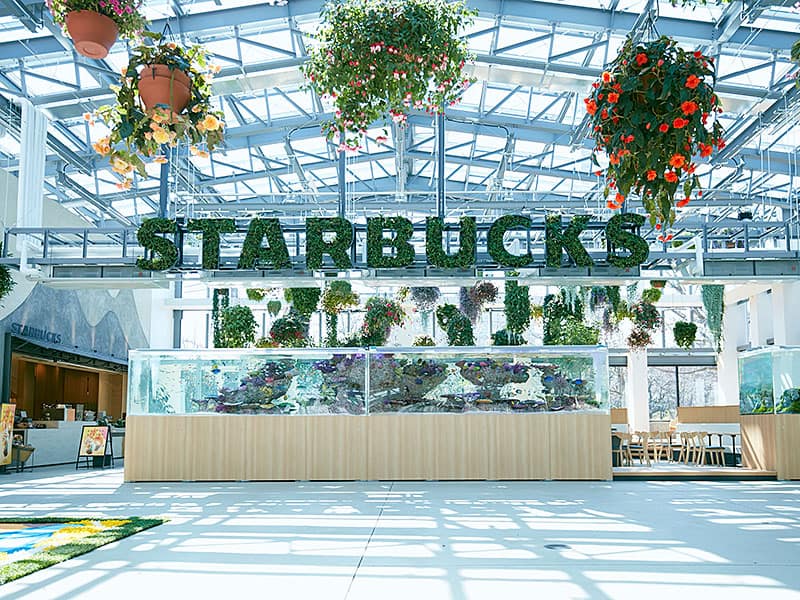 โลโก้ของร้าน Starbucks Yomiuriland ก็ถูกออกแบบโดยใช้พืชที่ยังมีชีวิตผสานเข้าด้วยกันอย่างลงตัว