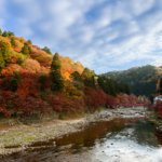 Colorful Autumn Leaf and River with blue sky in korankei, Japan