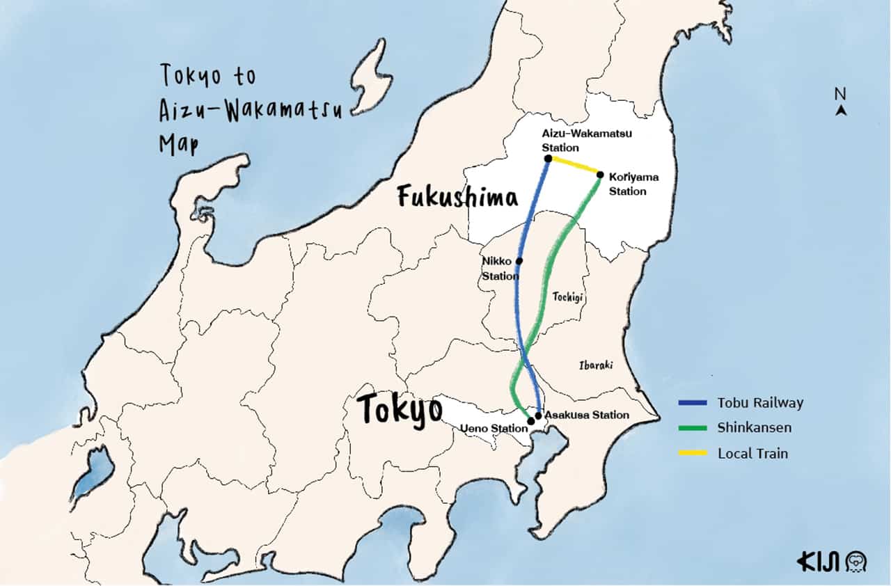 Tokyo to Aizu-Wakamatsu map by Kiji
