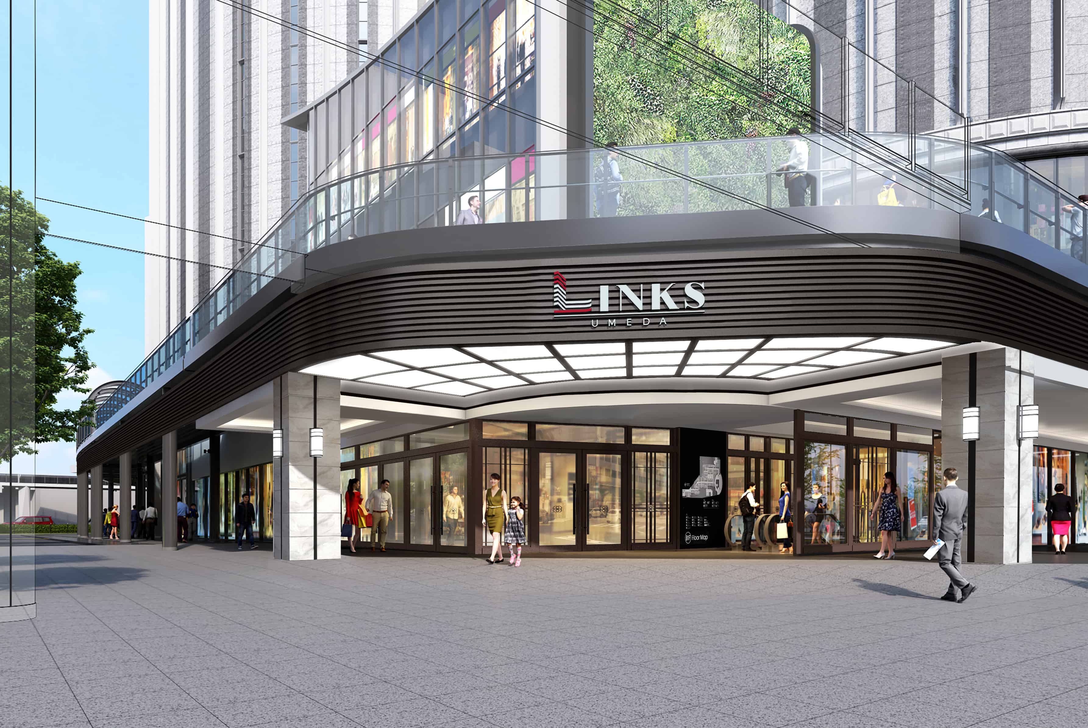 LINK UMEDA ทางเดินเชื่อมสถานที่ด้านนอก 3 สถานที่คือ Grand Front Osaka, Hankyu Umeda station, Shibatacho 