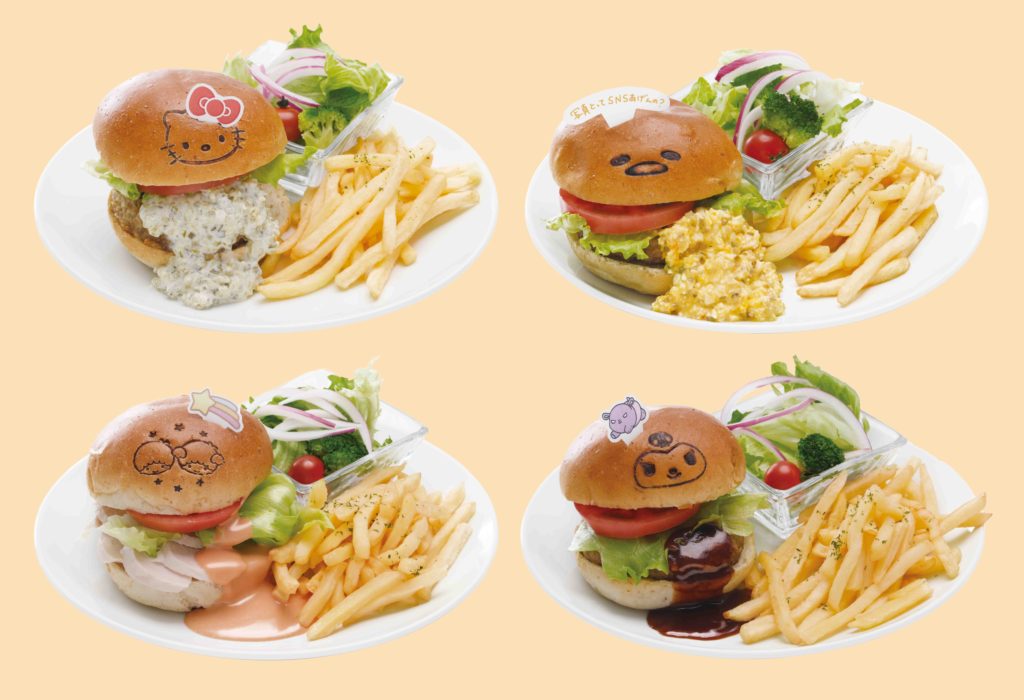 แฮมเบอร์เกอร์คาแรคเตอร์จำหน่ายที่ Sanrio Cafe เซ็ตละ 1,000 เยน