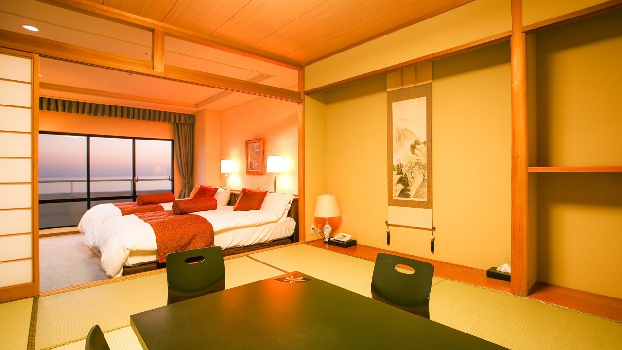 โรงแรม เกาะชิโกกุ เสื่อทาทามิ เก้าอี้ญี่ปุ่น ocean view